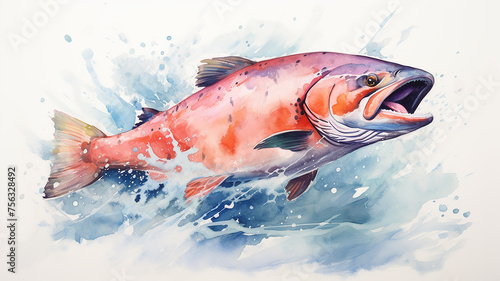 salmon trout orange speckled fish swims in the sea current in colored splashes of watercolor paints photo