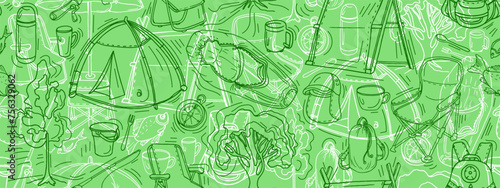 Camping. Hiking hand drawn doodles pattern Tourism