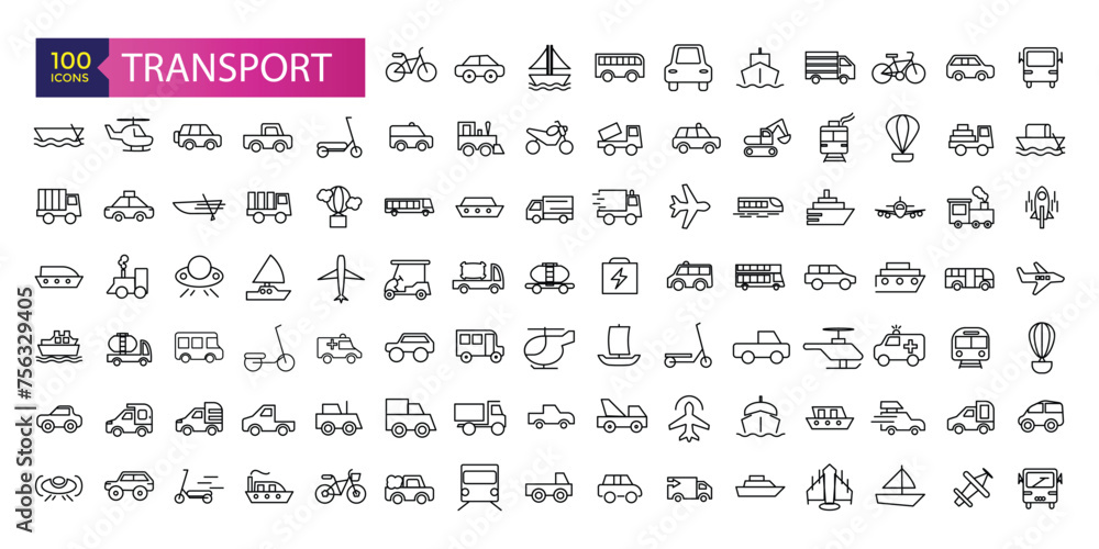 Simple Set of Transport Related Vector Line Icons. Contains such Icons as Taxi, Train, Tram and more. Traffic vector line icons set.