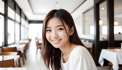 Portrait of a beautiful Asian Japanese, Korean young woman, girl. close-up. smiling. at home, indoor. © Gia