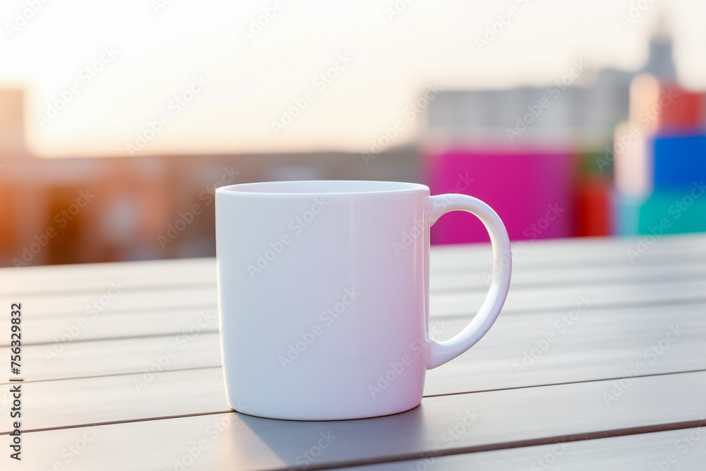 Blank white coffee mug on table. Mockup mug template. Closeup, copy space.