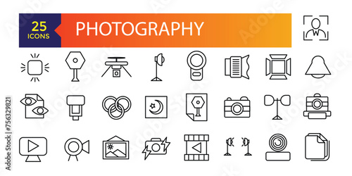 Photography icons. Photography studio light, film cameras and camera on tripod line. Photo lens technology, different digital and vintage cam pictogram.