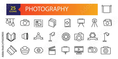 Photography icons. Photography studio light, film cameras and camera on tripod line. Photo lens technology, different digital and vintage cam pictogram.
