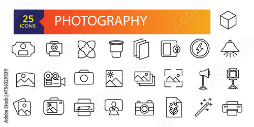 Photography icons. Photography studio light, film cameras and camera on tripod line. Photo lens technology, different digital and vintage cam pictogram.