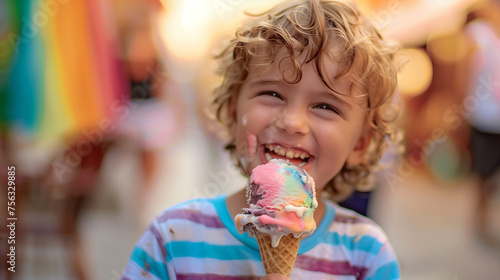 A little European boy with a cheerful smile holds an ice cream in his little hands. The expression on his face was full of joy and cheerfulness while enjoying his favorite ice cream. Ai generated Imag