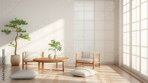 Living room of a traditional Japanese house with an elegant minimalist design. This living room is filled with a little furniture, such as a low table (chabudai) and chairs without backs (zabuton)