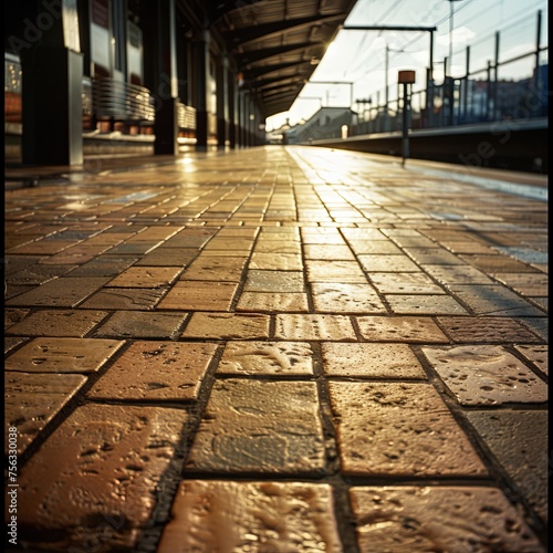 Sun shining through rectangular bricks on train station walkway
