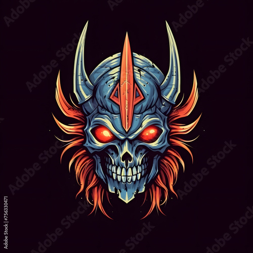 Knight Skull Emblem with Sword. Colorful Skull Warrior Mascot in Helmet