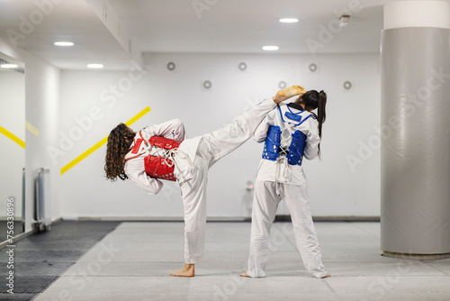 Taekwondo athletes wearing doboks in combat at martial art school.