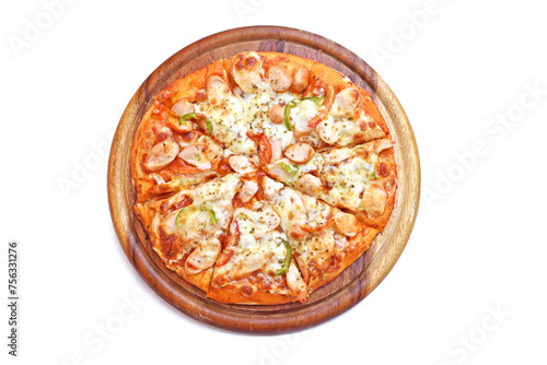 Topview Pizza Sausage on a wooden platter. White background