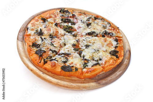 Topview Pizza spinach on a wooden platter. White background