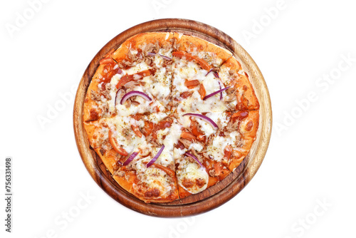 Topview Pizza Tuna on a wooden platter. White background