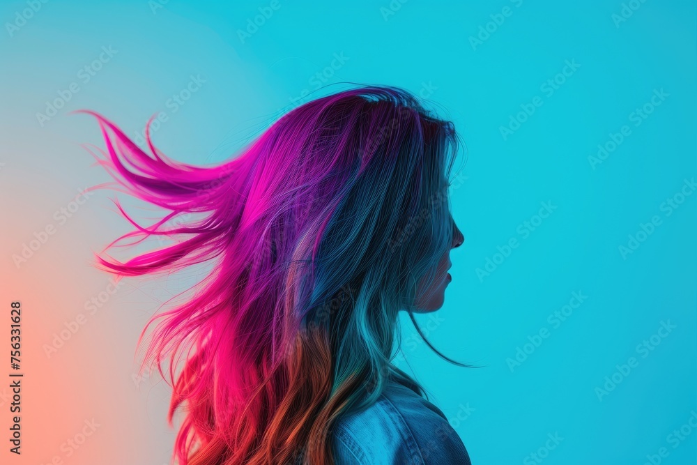 A woman with long, colorful hair is standing in front of a blue background