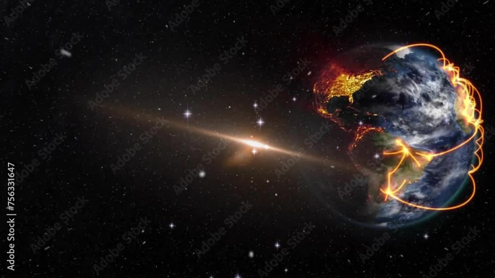 Animation of light trails and globe with stars on black background Animation of light trails and globe with stars on black background