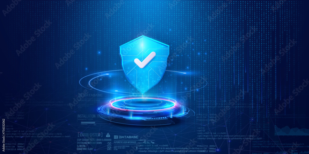 Futuristic Cybersecurity Shield Concept on Digital Background. Digital cybersecurity concept with a protective shield hologram over a circuit interface, symbolizing data protection. Secure service. - obrazy, fototapety, plakaty 