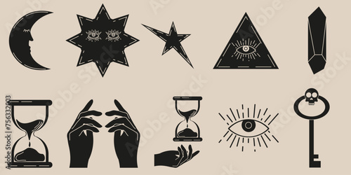 Linocut Celestial Magic element kit. Mystical object in trendy Retro grunge style. Watchful eye sandglass crescent moon. Esoteric engraving Mason symbol. Vector illustration. EPS 10 Editable stroke