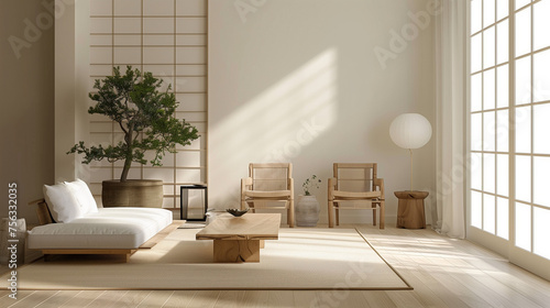 Living room of a traditional Japanese house with an elegant minimalist design. This living room is filled with a little furniture  such as a low table  chabudai  and chairs without backs  zabuton 