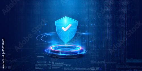 Futuristic Cybersecurity Shield Concept on Digital Background. Digital cybersecurity concept with a protective shield hologram over a circuit interface, symbolizing data protection. Secure service.