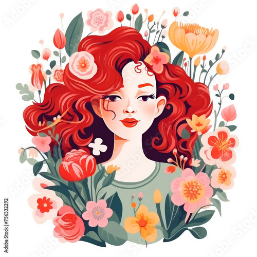 Illustration of a red-haired girl with loose hair in bright colors on a white background
