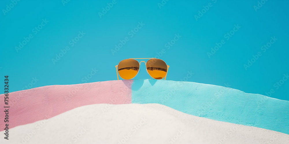 Obraz premium Sunglasses creative background. Summer vacation colorful tropical background in pastel bright colors. 