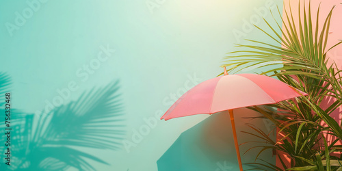 Wallpaper Mural Pink umbrella on a turquoise blue background. Summer vacation colorful tropical background in pastel bright colors.  Torontodigital.ca