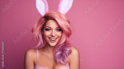 Beautiful young woman with colorful hair and rabbit ears 