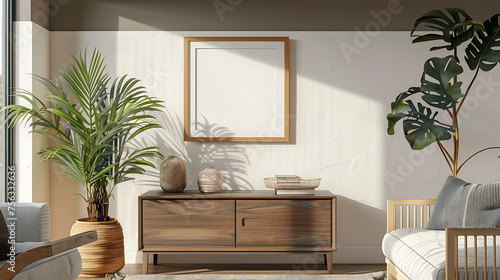 Square shape mockup photo frame wooden border, on chest drawer in modern living room, 3d render