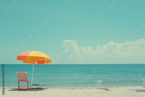 Deckchair and umbrella on the beach, retro style. Summer vacation colorful tropical background in pastel bright colors. 