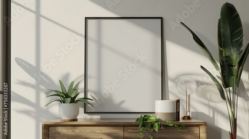 Square shape mockup photo frame glass border, on dresser in modern living room, 3d render © GraphixOne