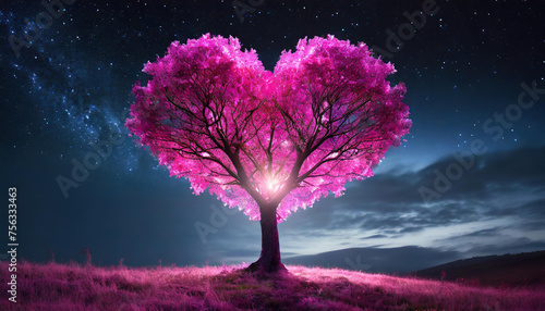 Beautiful pink heart-shaped tree on meadow. Starry sky. Fantasy world. Love, Valentine's Day