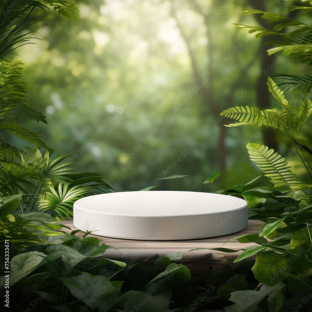 Nature Cradles Elegance White Round Podium Mockup Amidst Verdant Eco-Forest Leaves, Tailored for Natural Organic Cosmetic Presentation Nature Cradles Elegance White Round Podium Mockup Amidst Verdant Eco-Forest Leaves, Tailored for Natural Organic Cosmetic Presentation