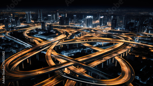 top view , night , roundabout interchange of a city, Expressway is an important infrastructure