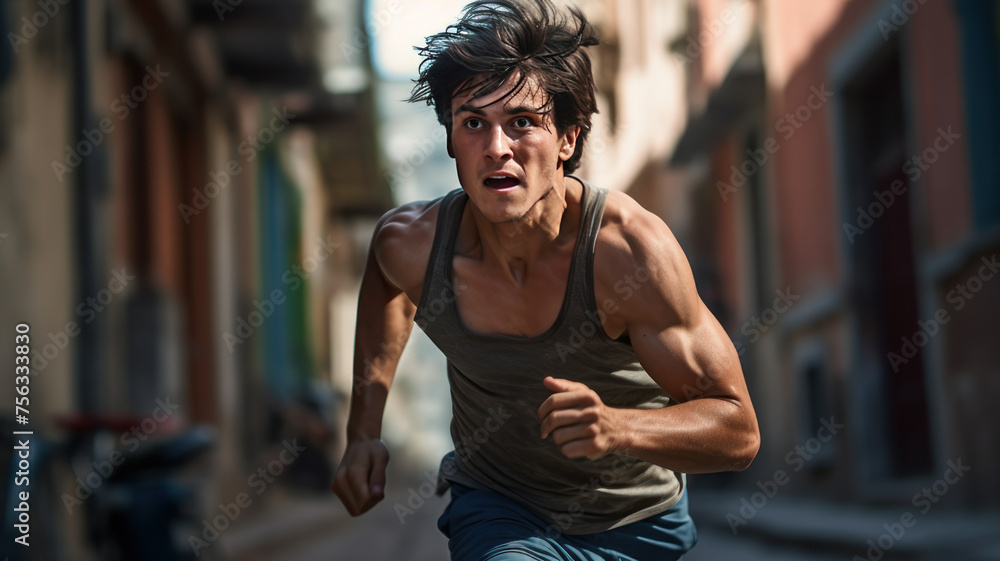 Fototapeta premium young man runner start running on road