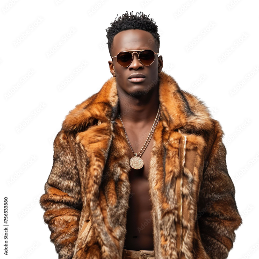 Front view mid body shot of an extremely handsome male African model wearing a fox fur coat with sunglasses on a white transparent background Front view mid body shot of an extremely handsome male African model wearing a fox fur coat with sunglasses on a white transparent background