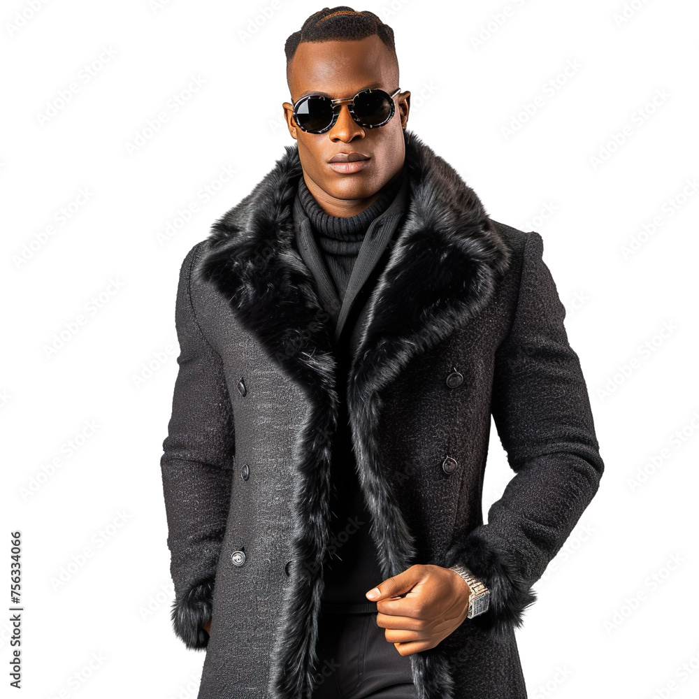 Front view mid body shot of an extremely handsome male African model wearing a cashmere fur coat with sunglasses on a white transparent background Front view mid body shot of an extremely handsome male African model wearing a cashmere fur coat with sunglasses on a white transparent background