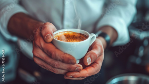 Close-up of hands holding a steaming espresso cup focused on the cup with a blurred background of a rustic cafe