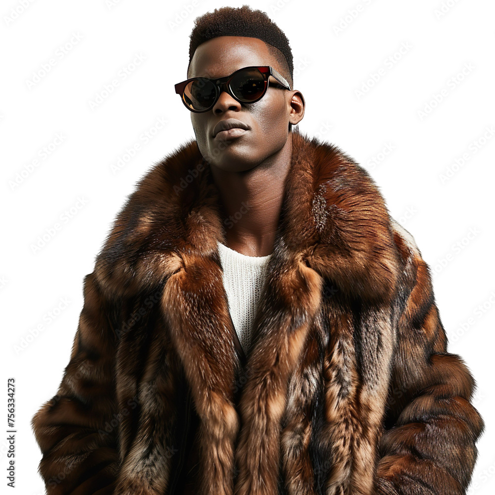 Front view mid body shot of an extremely handsome male African model wearing a sable fur coat with sunglasses on a white transparent background Front view mid body shot of an extremely handsome male African model wearing a sable fur coat with sunglasses on a white transparent background
