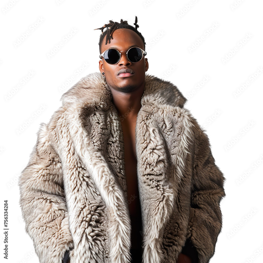 Front view mid body shot of an extremely handsome male African model wearing a rabbit fur coat with sunglasses on a white transparent background Front view mid body shot of an extremely handsome male African model wearing a rabbit fur coat with sunglasses on a white transparent background