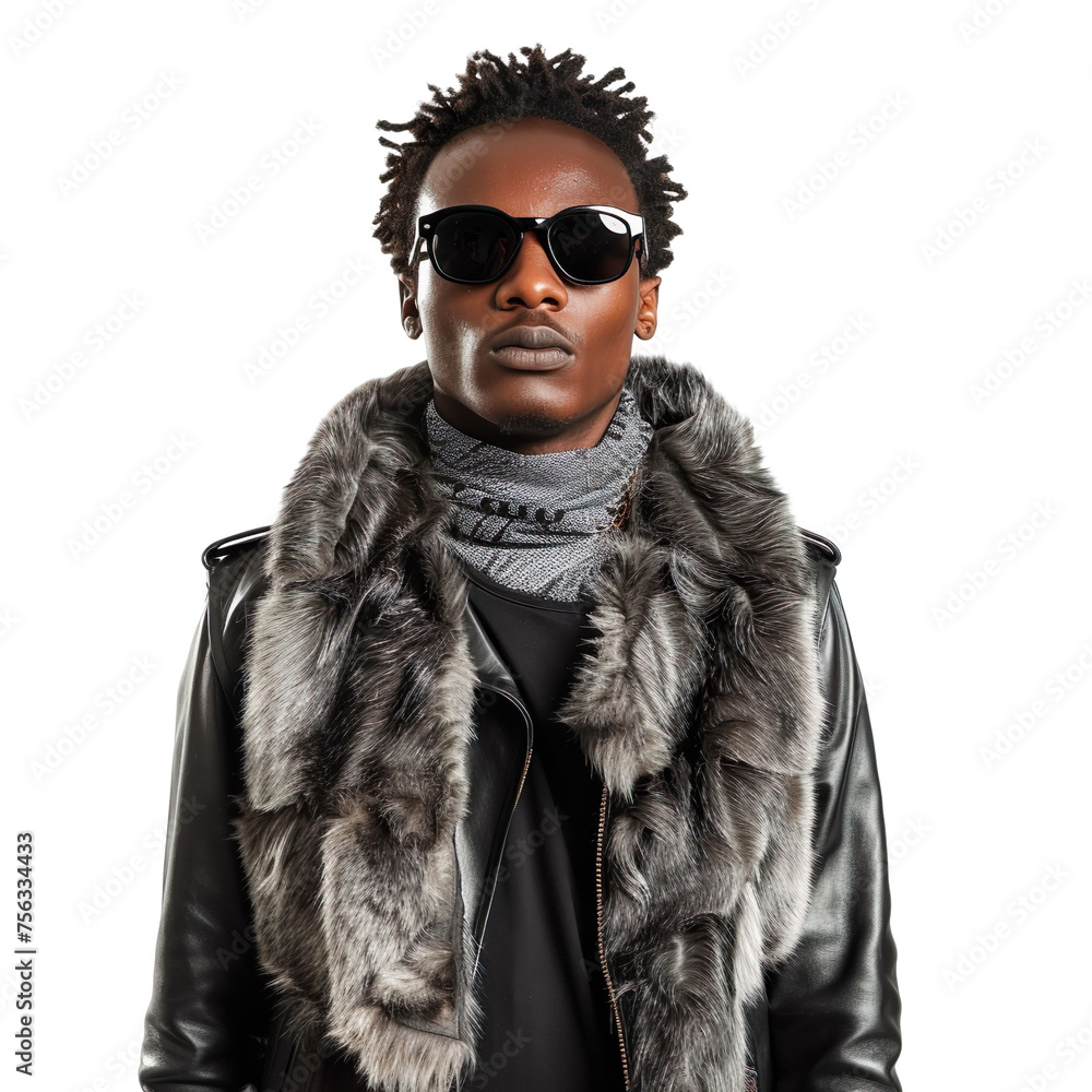 Front view mid body shot of an extremely handsome male African model wearing a mink vest layered over a leather jacket fur coat with sunglasses on a white transparent background Front view mid body shot of an extremely handsome male African model wearing a mink vest layered over a leather jacket fur coat with sunglasses on a white transparent background