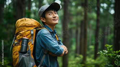 Young Asian traveling backpacker in forest photo