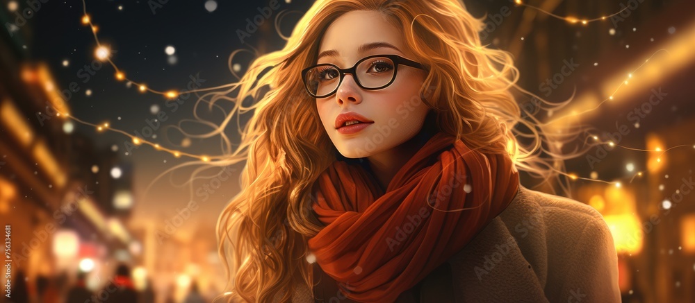 A woman with layered hair, wearing glasses and a scarf, stands in front of a crowd at an event. The darkness adds a fun atmosphere to the midnight gathering A woman with layered hair, wearing glasses and a scarf, stands in front of a crowd at an event. The darkness adds a fun atmosphere to the midnight gathering