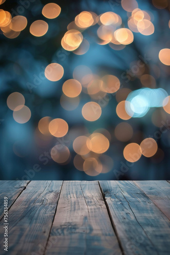 Generative AI image of an empty brown wooden wood board table with blurred abstract night light bokeh background, copy space for display of product or object presentation. photo