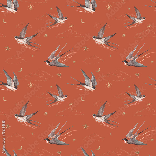 Beautiful seamless pattern with hand drawn watercolor swallows. Martin birds. Stock illustration. © zenina