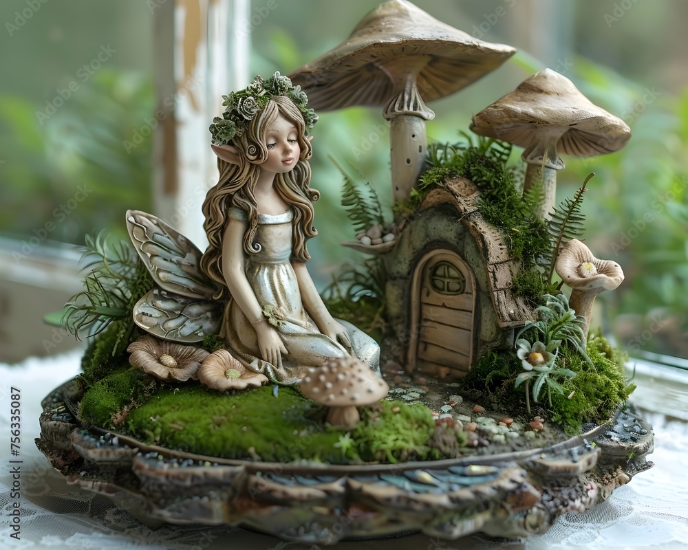 A fairy statue sits on a mossy patch of ground next to a mushroom