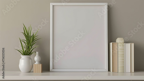 Square shape mockup photo frame plastic border, on book shelf in modern living room, 3d render © GraphixOne