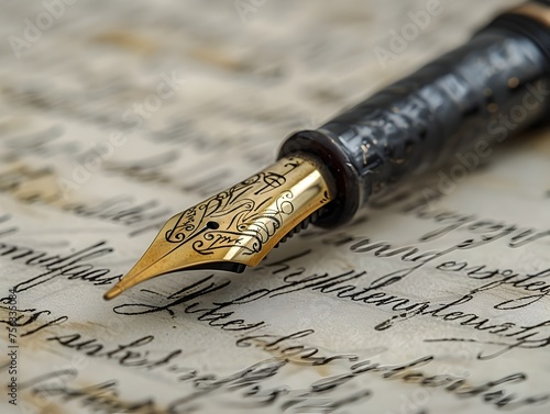 A gold pen sits on a piece of paper with cursive writing