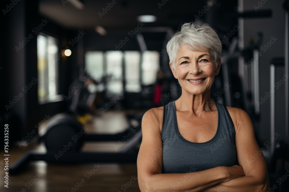 Active Smiling senior woman training. Athletic older lady exercising cozy home. Generate AI