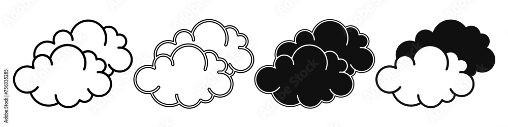 Black and white illustration of a cloud. Cloud icon collection with line. Stock vector illustration. Black and white illustration of a cloud. Cloud icon collection with line. Stock vector illustration.