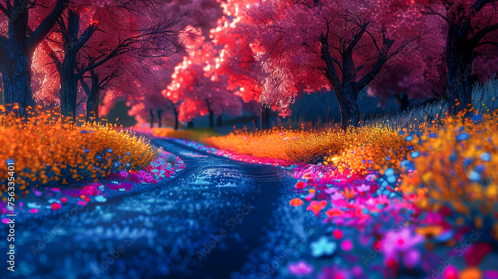 A road trip through a landscape where the trees and flowers pulse with neon colors turning the journey into an exploration of a vivid dreamlike world