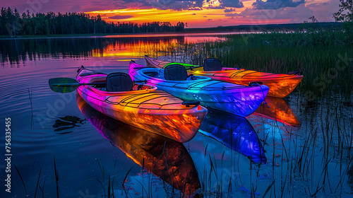 A tranquil lake becomes a canvas for fluorescent reflections at sunset where kayaks rest on the glowing water untouched inviting silent observers to marvel at natures artwork